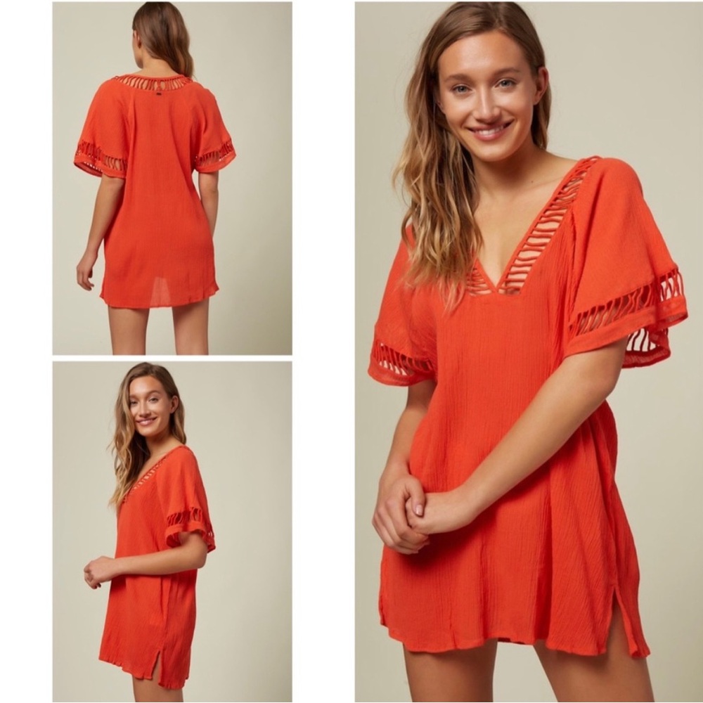 O'Neill Bright Orange Crochet-Trim V-Neck Swim Coverup